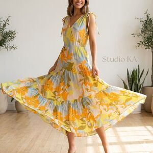 1 State Floral V-Neck & Back Tie Shoulder Maxi Dress Lined Women’s Sz Small